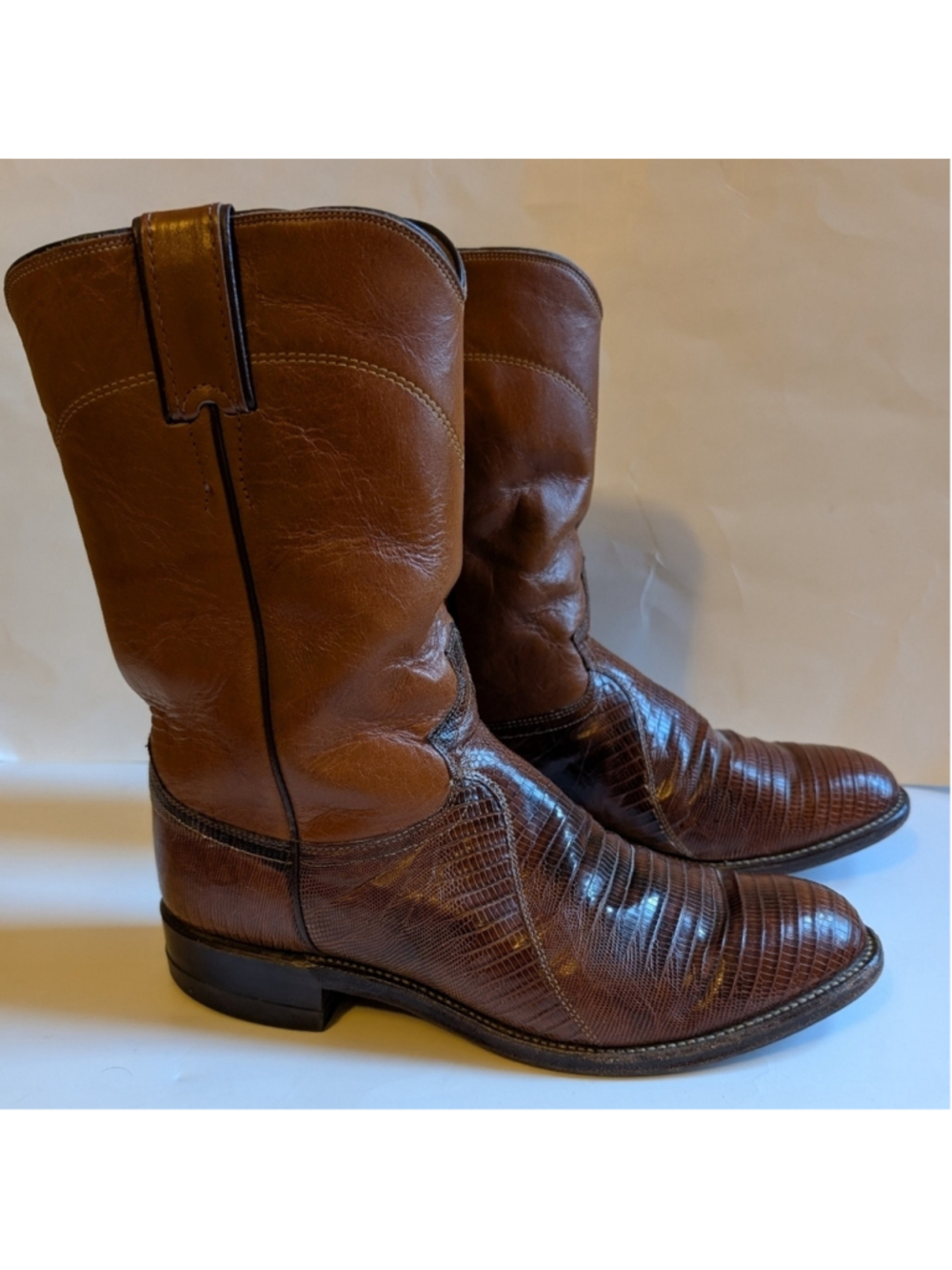 Justin VINTAGE MADE IN USA DISTRESSED LIZARD SKIN ROPER BOOTS SIZE 7.5 in VGUC